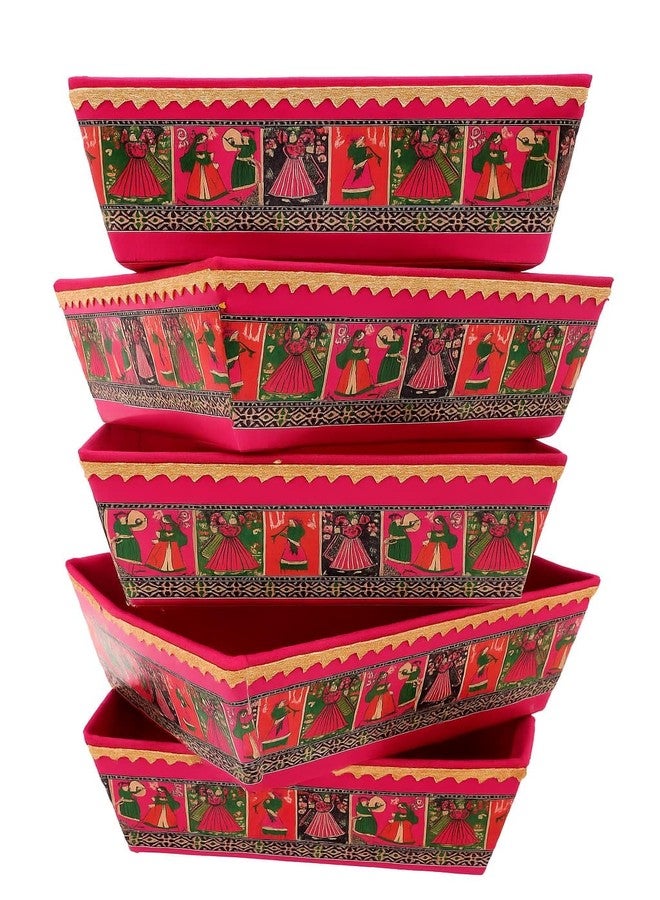 Scissors Craft Traditional Decorative Gift Basket with Golden Net | Ethnic Red-Green Print | Multipurpose Basket for Rakhi, Weddings & Festive Gifting (Royal fock Ethinic, 10) - Image 3
